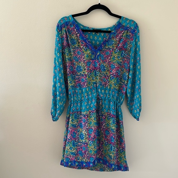 Tolani 100% Silk Colorful Printed V-Neck Tunic Dress Drawstring Waist Sz XS Boho - Picture 1 of 9